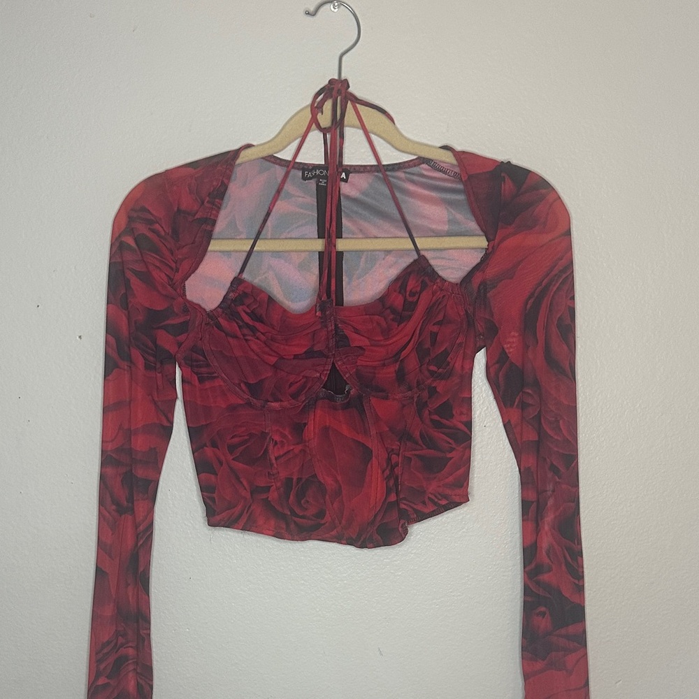 Fashion Nova Red Rose Mesh Halter Long Sleeve Crop Top
